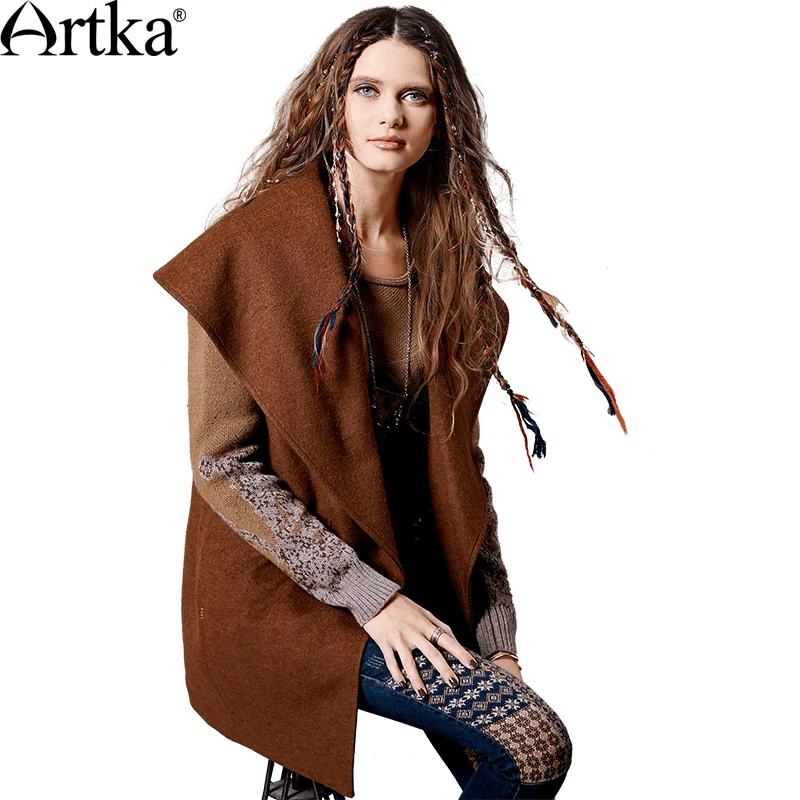 ARTKA Women's Autumn&Winter New Patchwork Woolen Coat Vintage Turn-down Collar Knitted Sleeve Single Button Coat FA11363Q