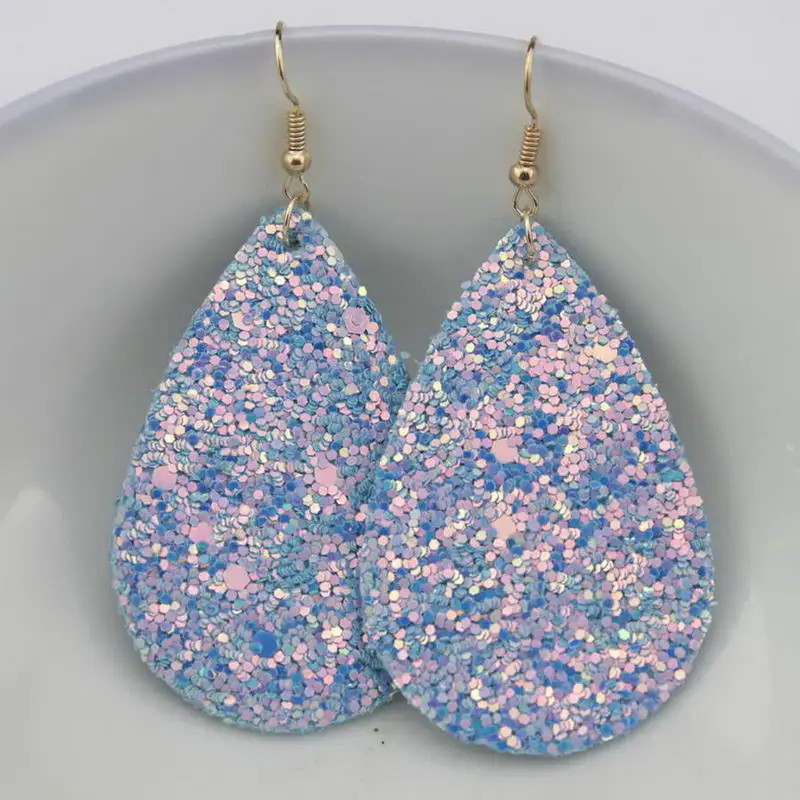 Glitter Teardrop Leather Earrings for Women Faux Leather Water Drop Earrings Wholesale Classic Jewelry