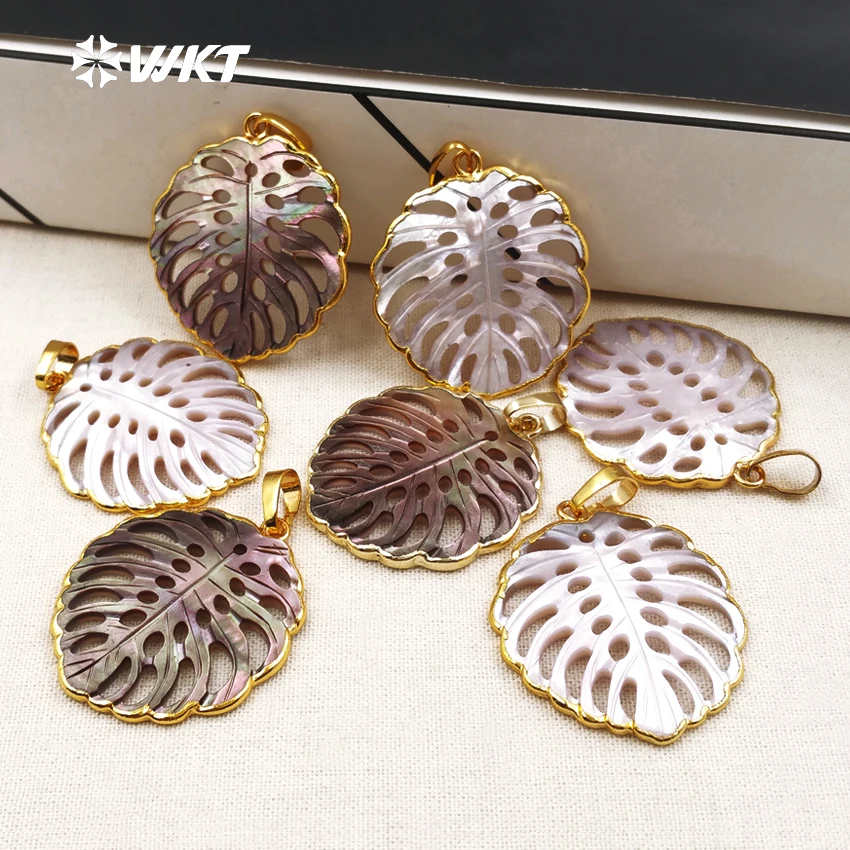 

WT-P1346 New Arrival Leaf Shape Natural Shell Pendants for Women Necklaces Electroplate Charms Jewelry Making