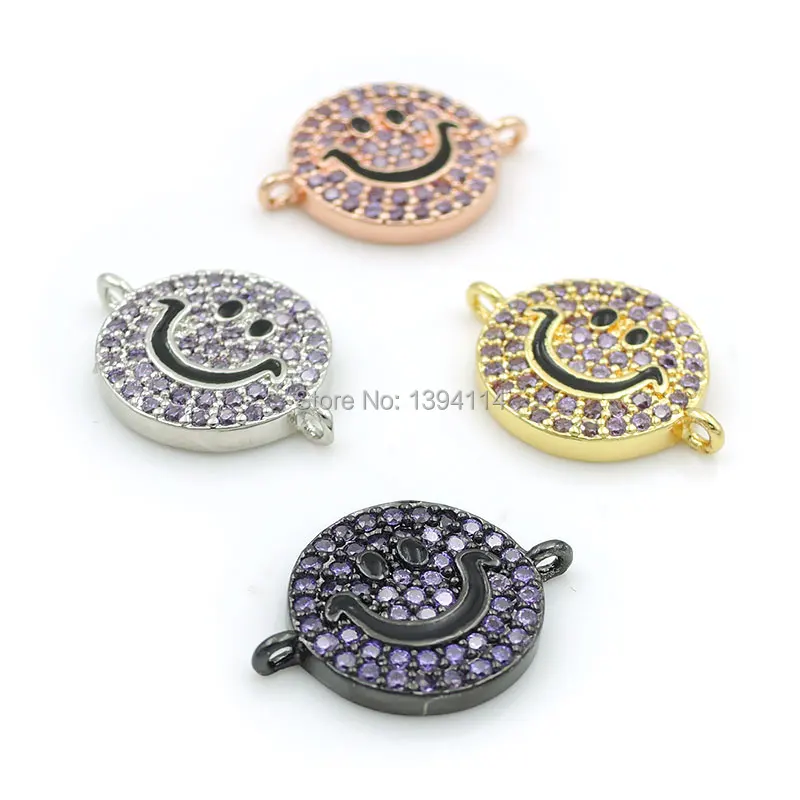 

15*12*2mm Micro Pave Purple CZ Round Connector With Smile Enamelled Fit For Women As DIY Bracelets Accessory