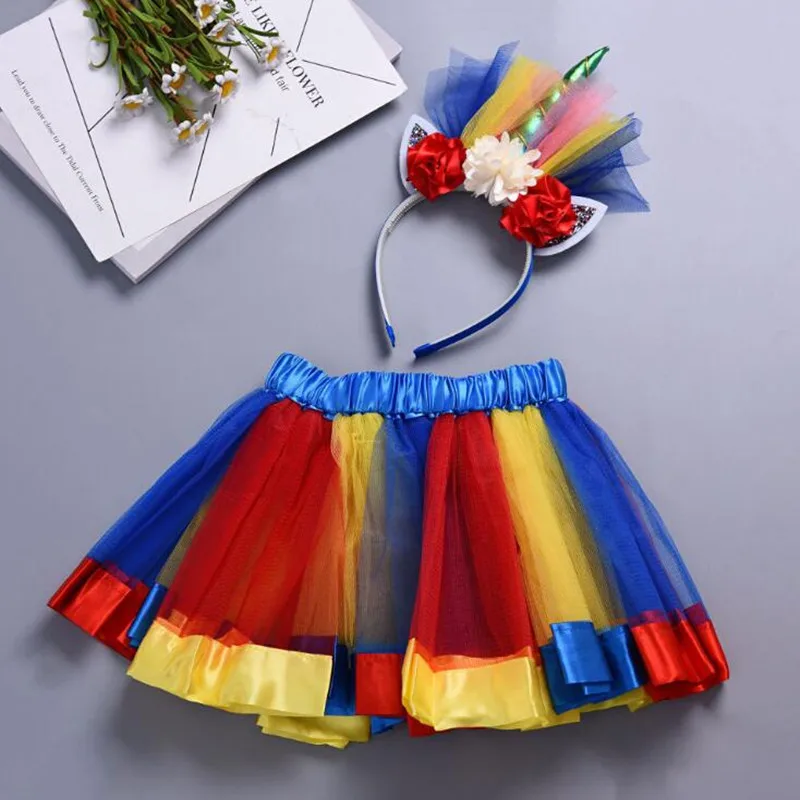 

Hot style tutu Ribbon skirt children's Unicorn matching headband new girl Christmas stage half length gauze skirt set SK19006