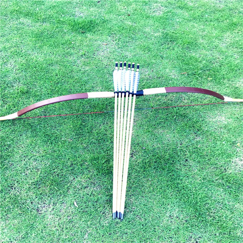 20-60lbs Traditional Bow Archery  Brown  Leather Hunting Chinese Longbow +6pcs Arrows