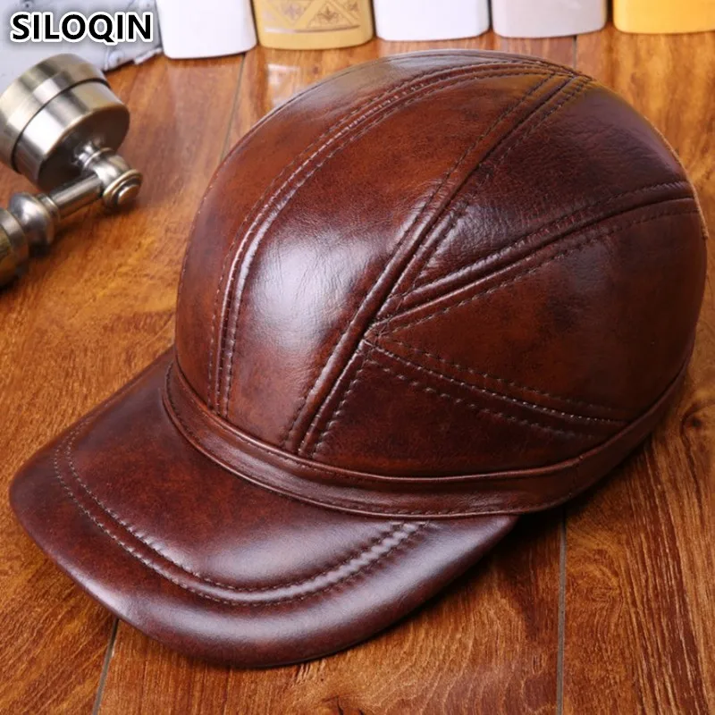 New Winter Men\'s Warm Cowhide Baseball Caps Genuine Leather Hat Adjustable Size Cowhide Cap Cold Proof Earmuff Hats Snapback Cap