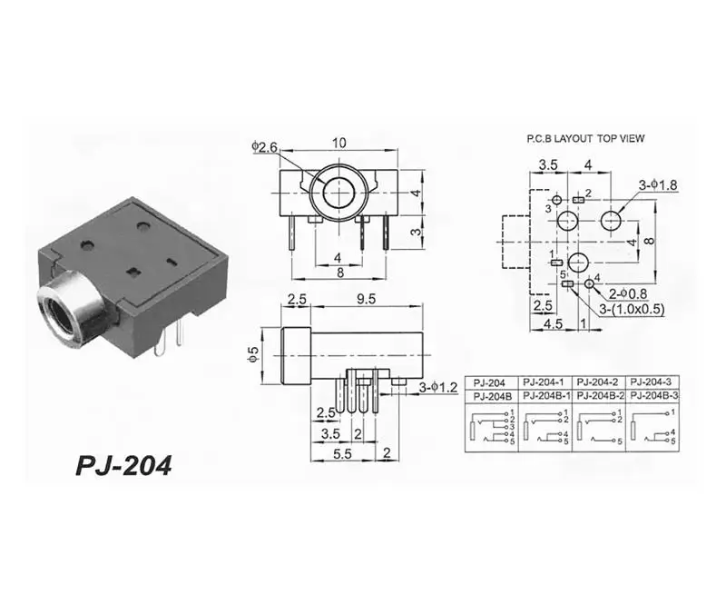 10Pcs Headphone Socket 2.5mm Audio Socket PJ-204 Brass Head 5 pins For Interphone