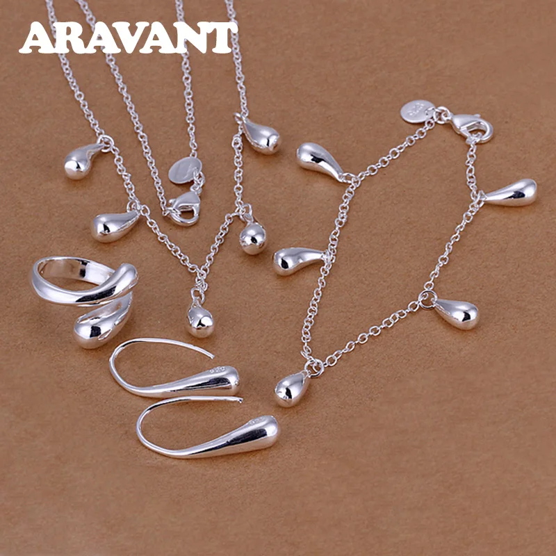 

Aravant Silver 925 Water Drop Pendant Necklace Bracelet Earrings Open Ring Set For Women Fashion Jewelry Gifts