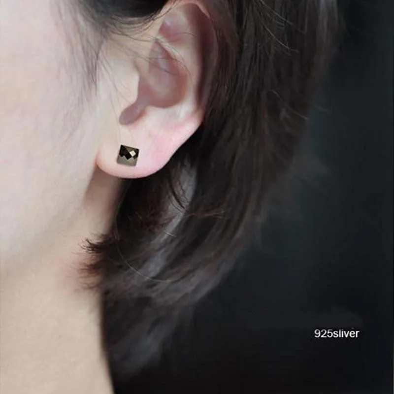 Genuine Real Pure Solid 925 Sterling Silver Stud Earrings for Men Women Jewelry Black Square Round Stone Male Female Earrings