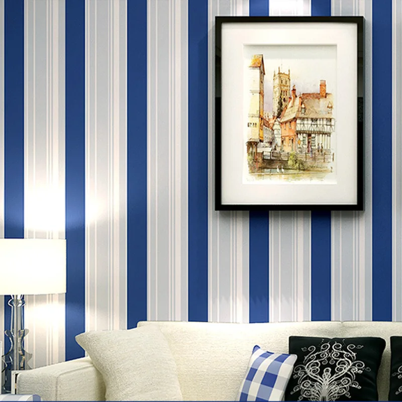 

Q QIHANG Mediterranean Style Environmentally Friendly Blue Stripes Non-woven Living room Bedroom Wallpaper 0.53m*10m=5.3m2