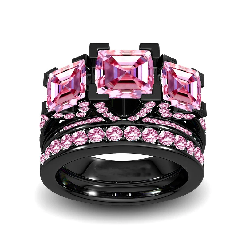 

Size 5-11 Luxury Jewelry Three Stone Princess Cut 8mm 5A Pink Cubic Zirconia CZ Party Women Wedding Bridal Lovers' Ring Set Gift