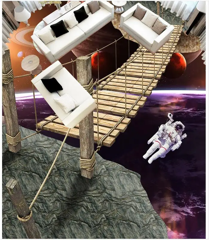 Custom 3D Painting Floor Wallpaper PVC Adhesive Cosmic Space Rope Bridge 3D Breathable Floor 3D Floor Painting 3D Wallpaper