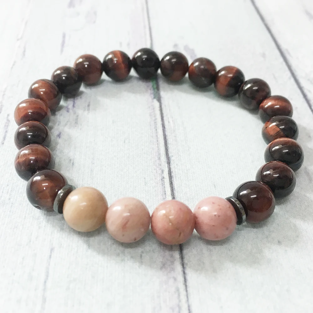 MG0368 New Design Men`Energy Bracelet Natural Red Tiger Eye Beaded Bracelet Rhodonite Encourages Clarity Jewelry