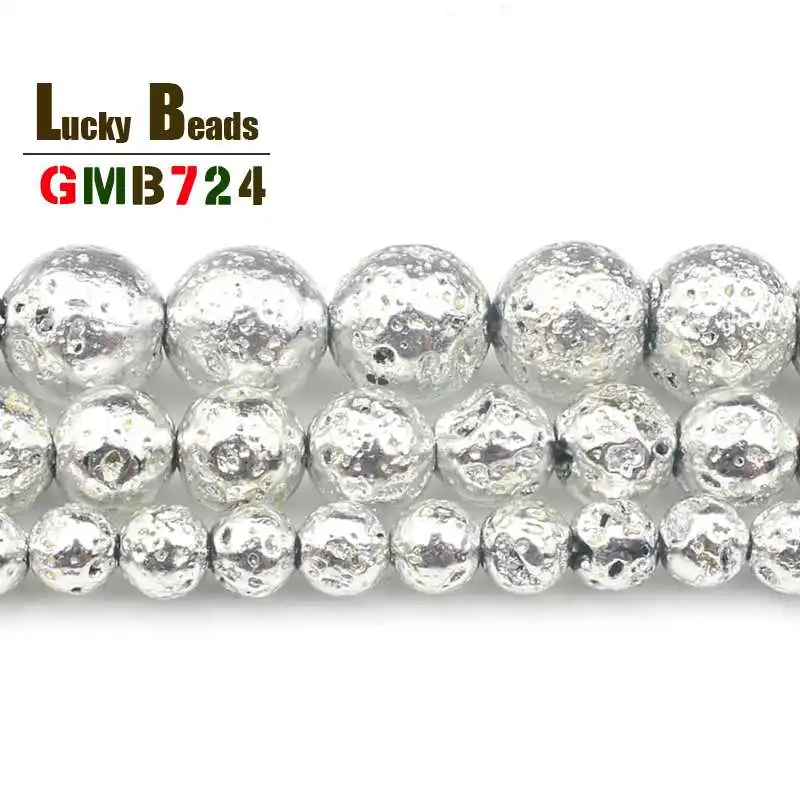Natural Silver Plated Volcanic Lava Beads Round Stone Beads For Jewelry Making DIY Bracelet Accessories 15\'\' 4/6/8/10mm