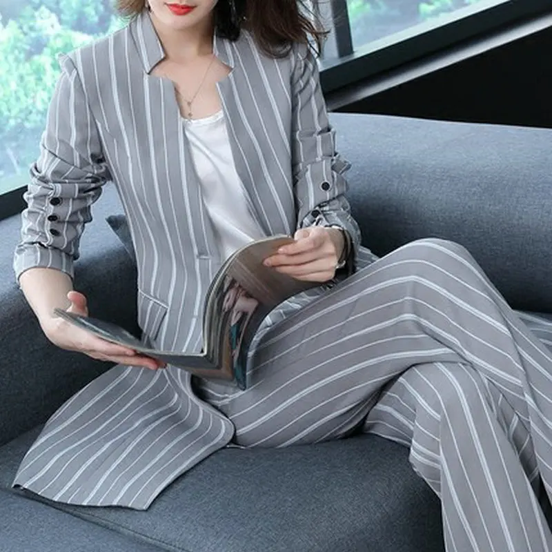 

2018 Spring Office Lady Long Trench Coat Striped Coat Jacket and Wide Pants Suit Women's Fashion Two Pieces Set