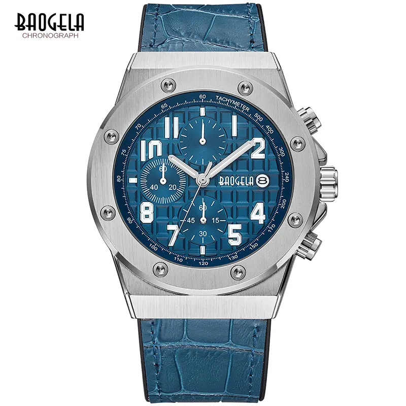 BAOGELA Men\'s New Quartz Watches 2019 Waterproof Chronograph Casual Luminous Wrist Watch Man Leather Strap Relogios 1805 Blue