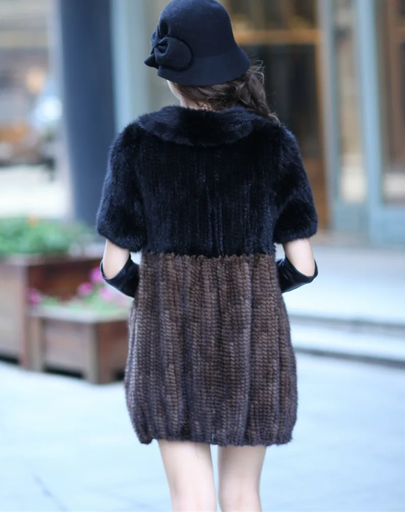 New women coat with genuine mink fur hand knitted warm autumn winter with pocket two-color casual 80cm long fur vest K151