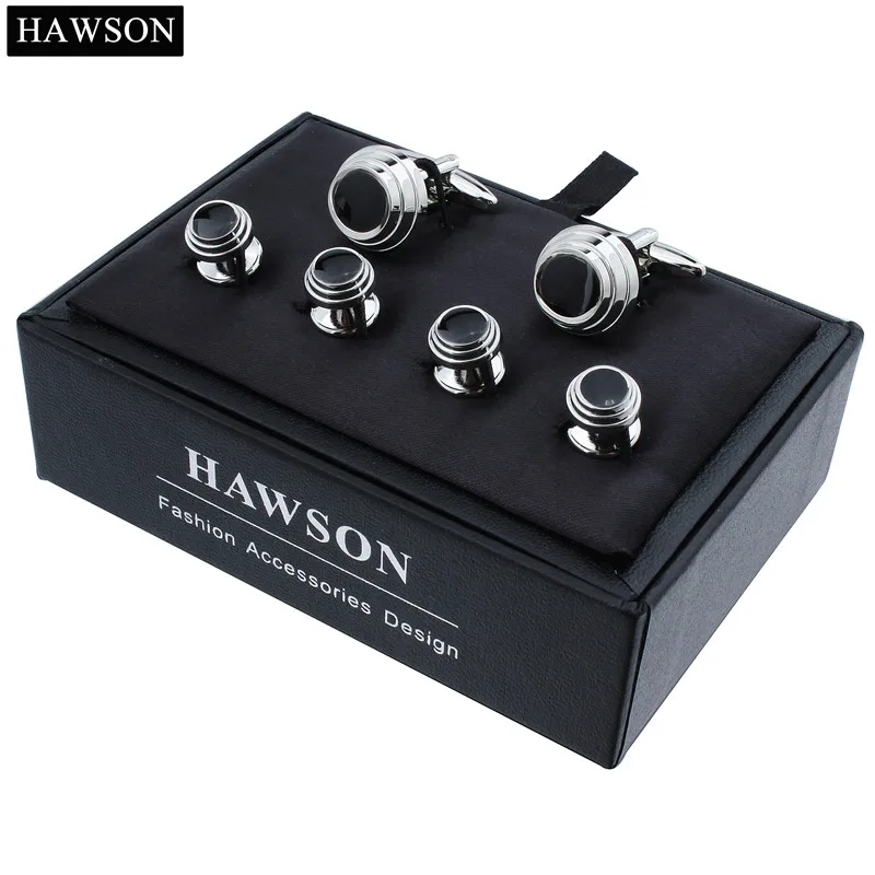 HAWSON Black Enamel Men's Cufflinks and French Shirt Button Strap Gift Set, Men's Jewellery Accessories, Gifts for Him