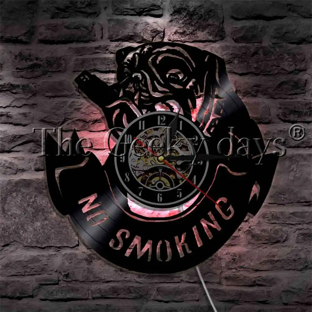 

English Bulldog Say No Smoking LED Wall Sign Vinyl Record Wall Clock With LED Backlight Pet Puppy Pug Dog Modern Lamp