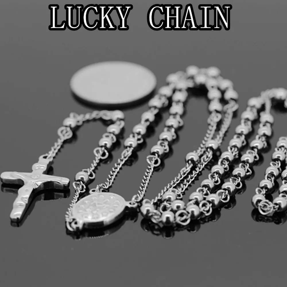 Gold / Silver Color Choose 316L Stainless Steel 4MM Rosary Beads Chain Necklace Cross Pendant