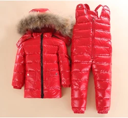 Children's down jacket suit men and women baby winter thickening bib two-piece large fur collar ski suit tide