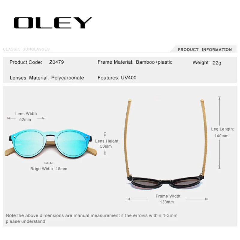 OLEY Brand Bamboo Leg Color Film Sunglasses Women Classic Round Overall Flat Lens Fashion Retro Female sun glasses Z0479