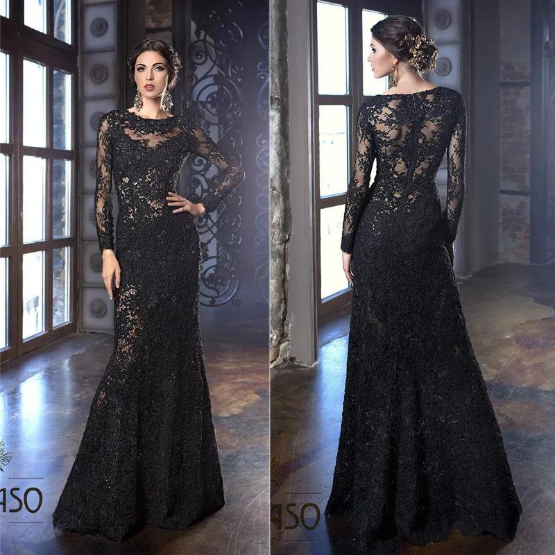 Árabe vestidos de noite vestido até o chão da tripulação decote renda apliques ilusão manga longa sereia vestidos de baile preto