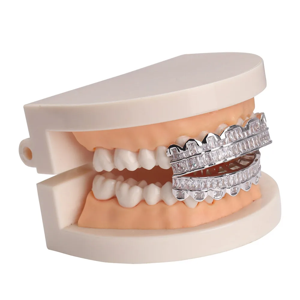 JINAO New Plated HIP HOP Teeth Grillz Top & Bottom Grills Set With silicone Real Shiny  Grill Sets Bling AAA Cubic Zircon