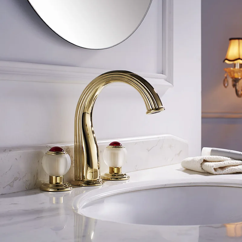 NEW Golden 8 inch 3 Holes widespread bathroom Lavatory Sink faucet mixer tap deck mounted Luxury tap Frosted glass handles