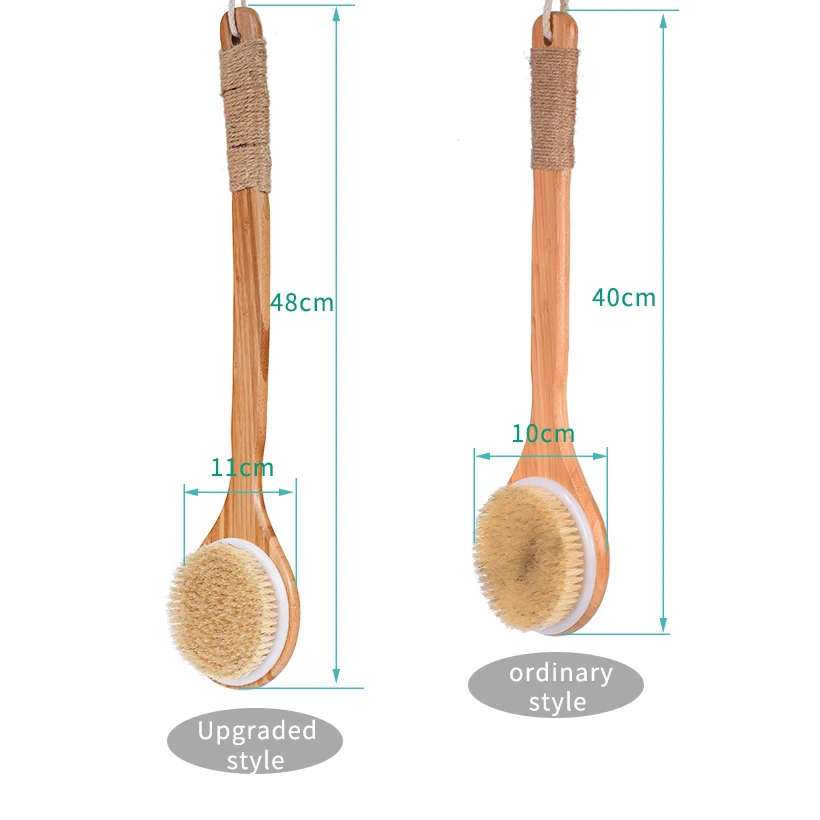 TREESMILE Dry Bath Body Brush Back Scrubber with Anti-slip Long Wooden Handle, 100% Natural Bristles Body Massage Brush D40