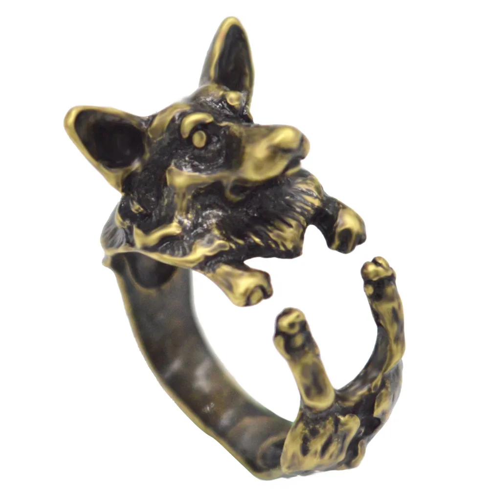 Kinitial Antique Wolf Ring Boho Chic Welsh Corgi Dog Ring Animal English Dog Ring Hippie Knuckles Rings for Women anel