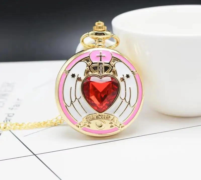 Golden Magic SAKURA Pendant Pocket Watch for Girls Classic Anime Necklace Clock Gifts for Students Woman Gift Watch