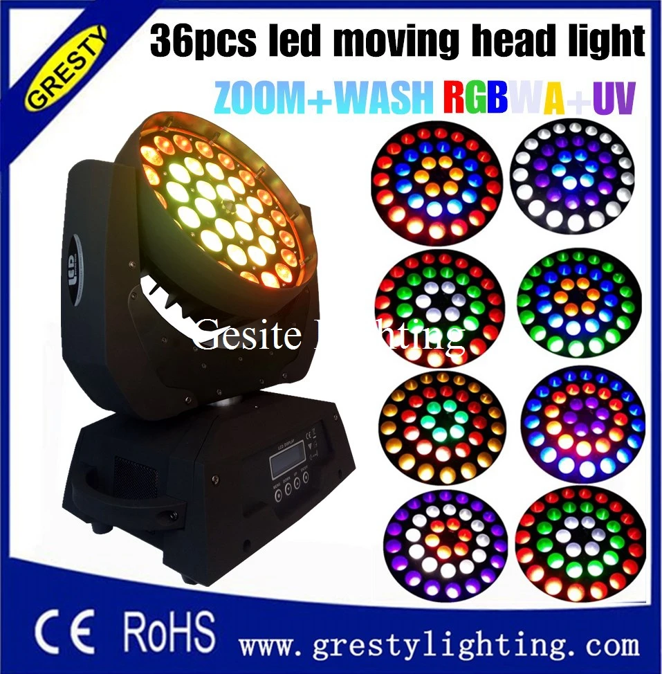 

2pcs/lot free shipping RGBWA+UV ZOOM WASH LED 36pcs led RGBWAY moving head light 18w 6 in1 zoom wash moving head stage light new