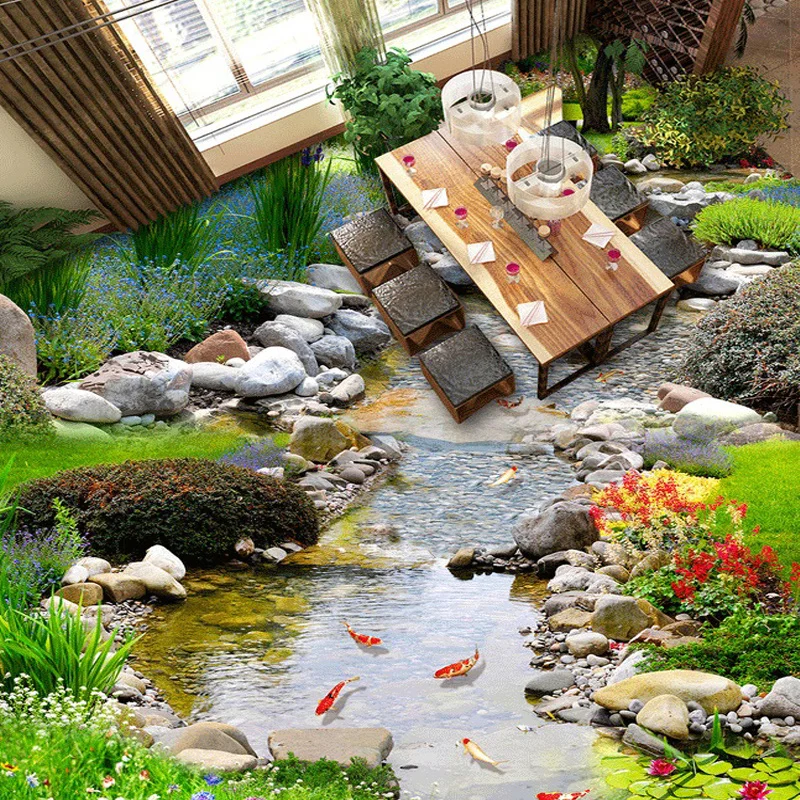 Customize 3D Photo Floor Wallpaper Countryside Brook With Flowers And Plants Floor Murals PVC Wear Non-slip Waterproof Material