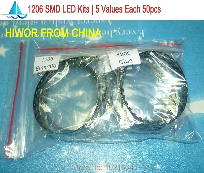 (250pcs/lot)  1206 SMD LED Kits Red Yellow Blue Emerald Green White 5 colors each 50pcs