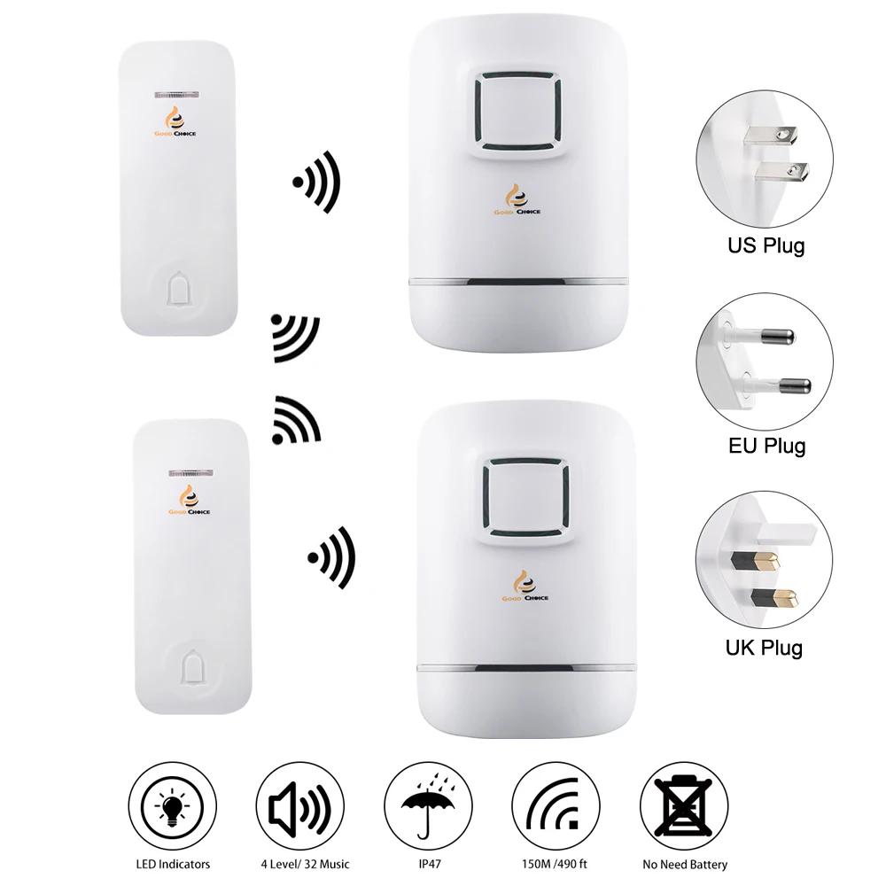 Wireless Doorbell Door Bell Chime Kit,Self-Powered,Waterproof, 2 Transmitters Bell-Push Buttons + 2 Plug-in Receivers