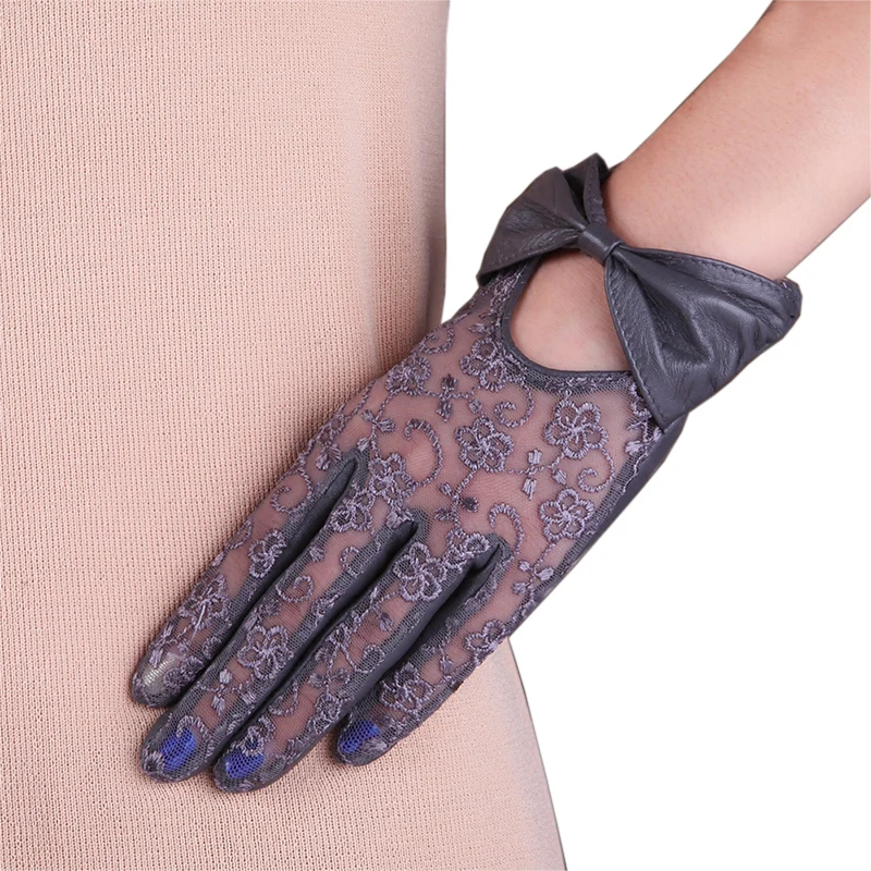 Women Genuine Leather Gloves Female Fashion Bowknot Lace Sunscreen Lambskin Leather Gloves Touchscreen L177N-1