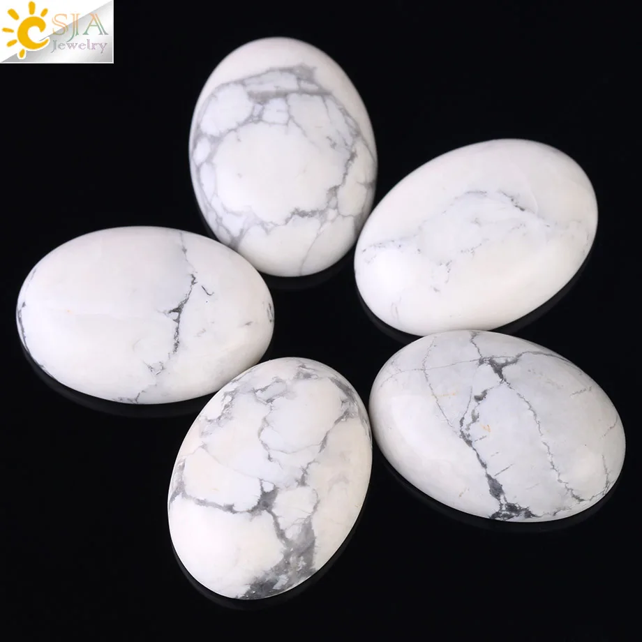 CSJA White Turquoises Bead Howlite Stone Cabochon Beads Oval Flatback Jewelry Findings Fit DIY Rings Bracelets Material 1Pc F524