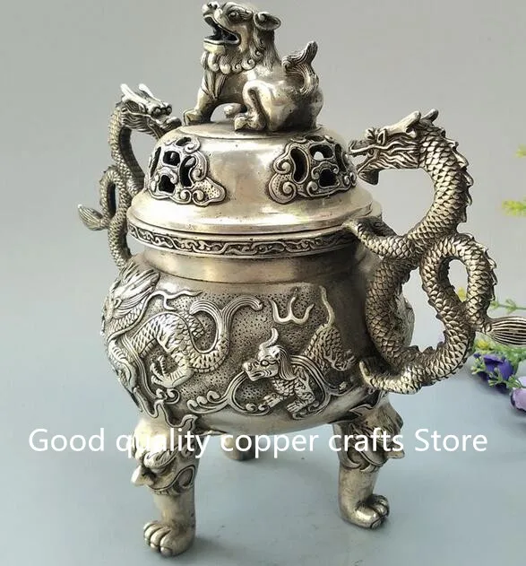 Collectible archaize white copper Double dragon ear incense burner