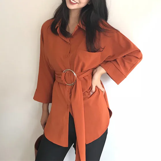 Women Long Blouses 2019 Autumn Spring Casual Buttons Ladies Elegant Lace-up Fitted Waist Retro Tops Shirt Tunic