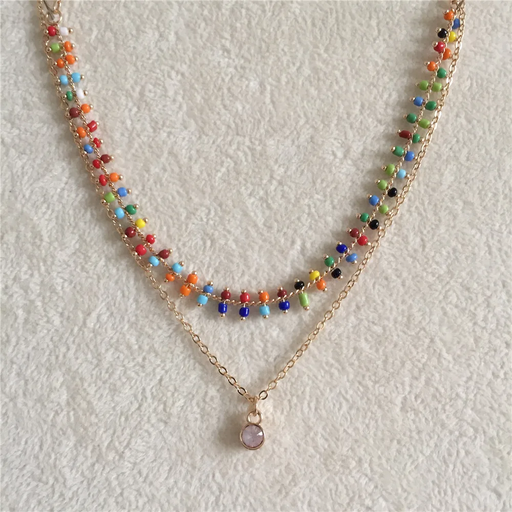 Boho Summer Beach Chic Women Necklace Gold Color Chain Colorful Bead Strand Layered Necklace Peach Stone Pendant Necklace