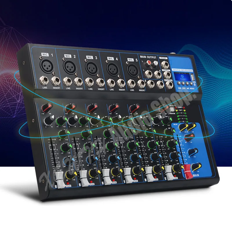 Mixer 7 Channel Audio Mixer with Bluetooth USB 48V Phantom Power for Recording DJ Stage Karaoke Music Audio Mixing Console