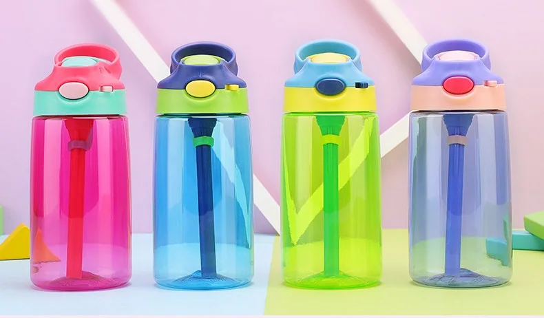 Sports Water Bottle with Straw Children Kids Portable Large Capacity Food Grade Plastic Space Cup Pure Color W9089