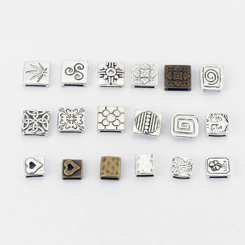 10Pcs Tibetan Silver Carved Flower Square Spacer Beads 10x2mm Hole For Diy Flat Leather Cord Necklace Bracelet Jewelry Making