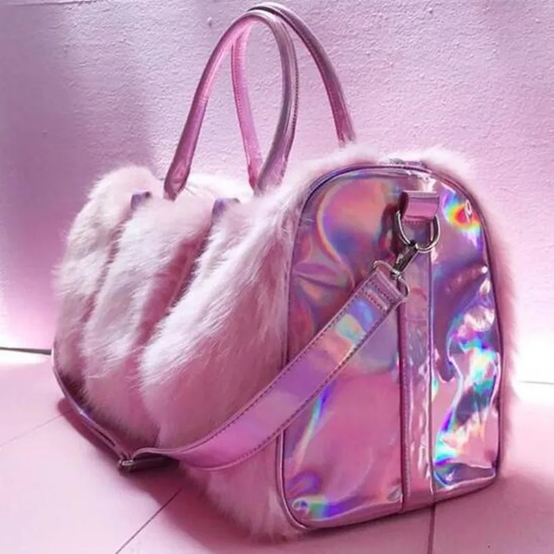 Sweet Girls Soft Rainbow Bags Faux Fur Women Tote Bags Large Capacity Laser Symphony Pink Shoulder BagsTravel Boston Bags