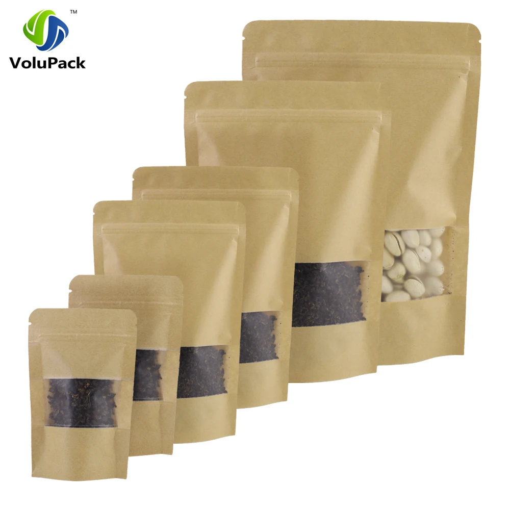 Brown Kraft Paper Storage Bags with Window, Waterproof Stand Up Package, Zip Lock Pouches, Tear Notch, High Quality, 100Pcs