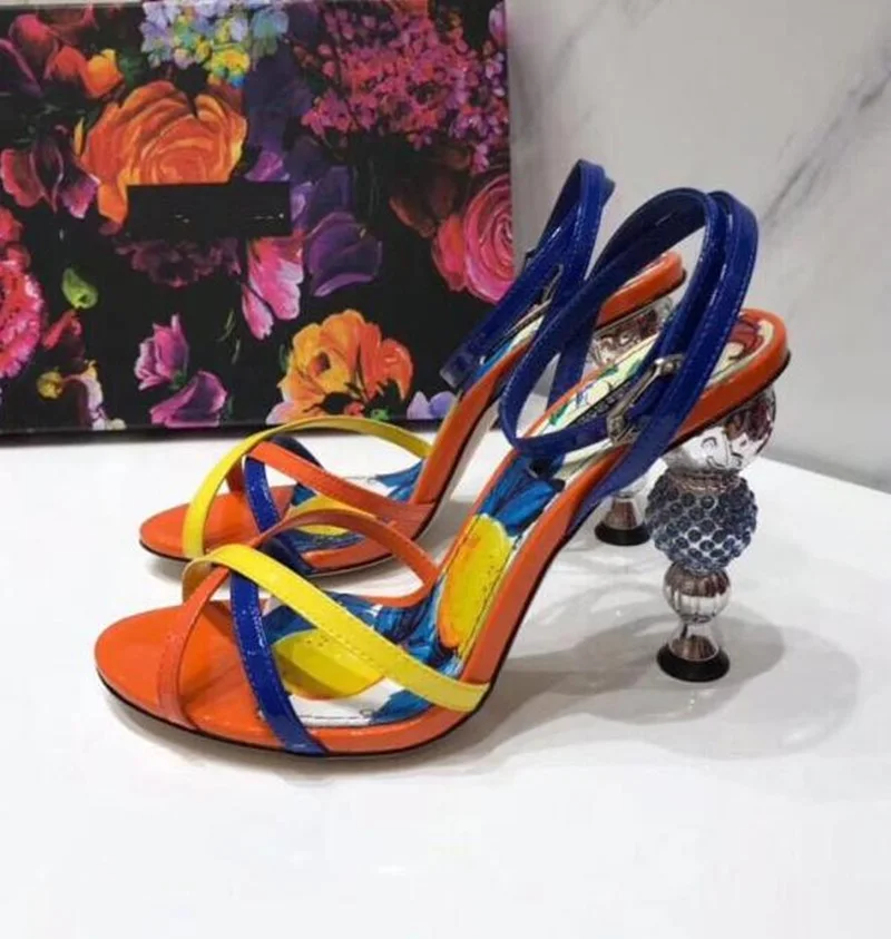 2024 Real Leather Cross-tied Printed Shoes Woman Ball Beading Peep Toe Crystal Embellished Sandals Ankle Strap Blue Party Shoes