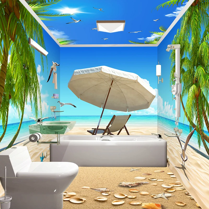 

Photo Wallpaper 3D Stereo Beach Coconut Palm Nature Scenery Mural Bathroom PVC Waterproof Background Wall Sticker Wallpaper Roll