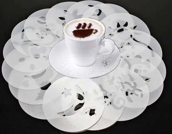 200sets 16pcs Stencil Filter Coffee Maker Cappuccino Coffee Barista Mold Templates Strew Flowers Pad Spray Art Coffee Tools