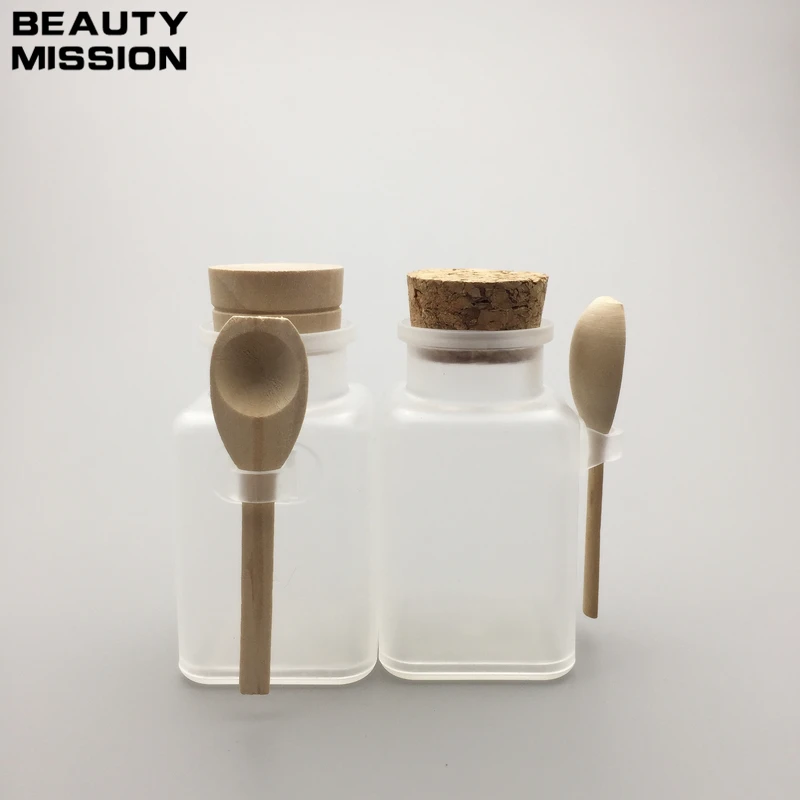 BEAUTY MISSION 12pcs/lot 100g Square bath salt ABS Bottle, 100ml powder plastic bottle, bath salt bottle with wooden spoon