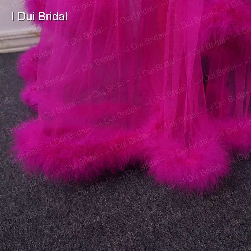 Fuchsia Feather Tulle  Evening Dress Long Sleeve Robe Scarf Party Gown School Dancing Wear