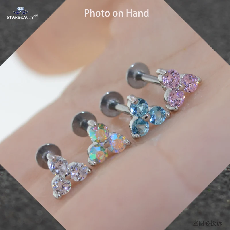 2Pcs 1.2x6/8mm Three-Gem Nose Stud Ear Piercing Labret Stud Flat Back Stainless Steel Conch Helix Piercing Cartilage Earring 16G