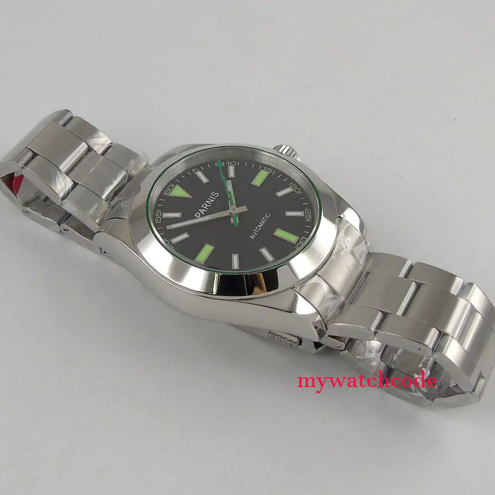 PARNIS Steel Polish Bezel Automatic Watch men Green Flash Hand MIYOTA 8215 Movt Folding Clasp Luxury Sapphire Glas 40mm